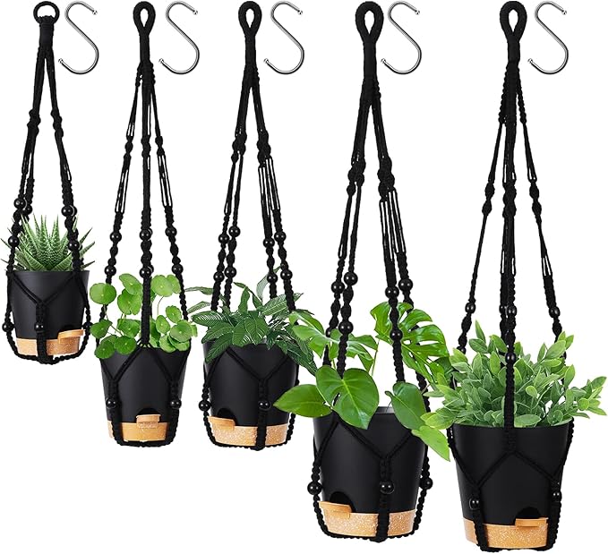 GARDIFE Hanging Planters for Indoor Plants,5Pcs Hanging Basket for Indoor Boho Home Decor,Macrame Plant Hanger,35 Inches,29Inch,23Inch, Ivory,Self Watering Planters, 7/6.5/6/5.5/5 Inch,Black&Black