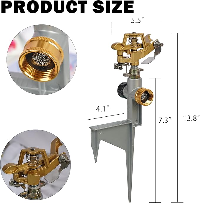 2 Pack Zinc Alloy Impact Sprinklers for Yard, Stainless Steel Pulsating Water Sprinkler Head on Spike Base, Adjustable Water Sprinklers for Large Area Patio Lawn Garden Irrigation