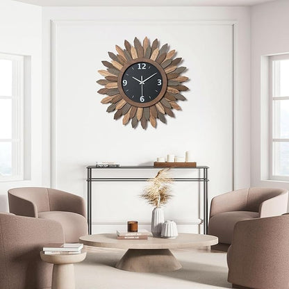 Honiway Large Wall Clock Battery Operated 21 in Rustic Wood Boho Sunburst - Image 4