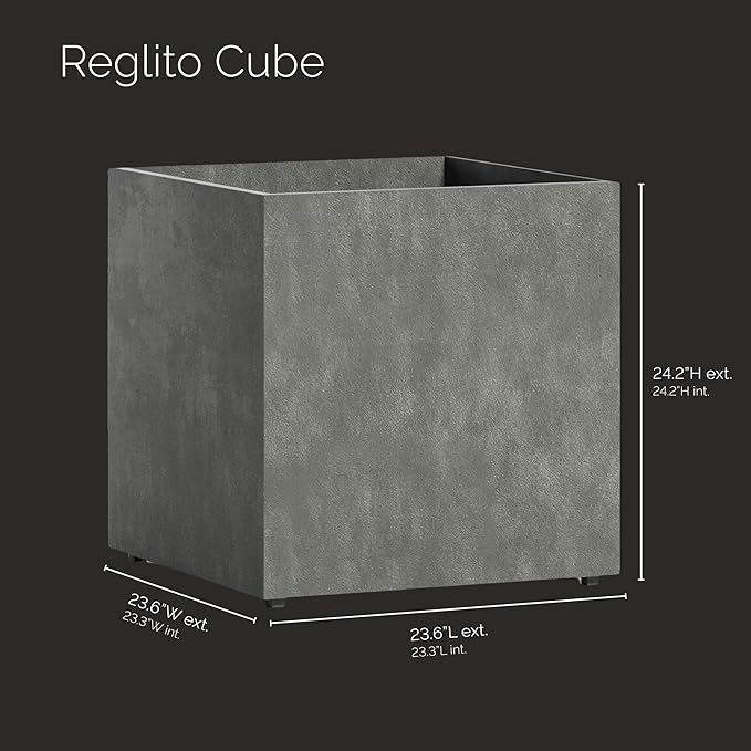 Reglito Cube Planter – Fiberglass Indoor/Outdoor and Weather-Resistant Large Planter (Grey Stone, 23.6" L x 23.6" W x 24.2" H)