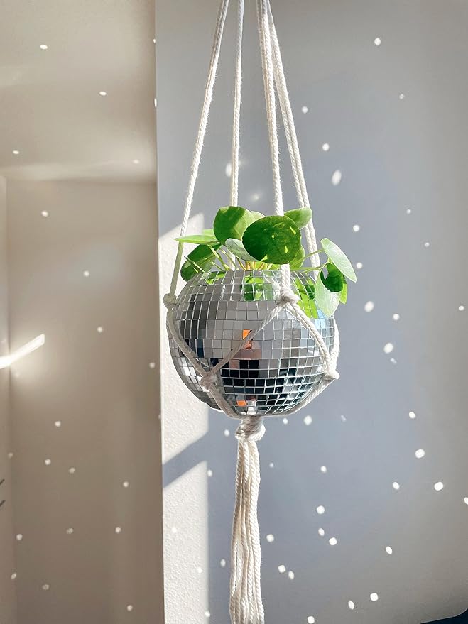 Hanging Disco Ball Planter 8" - with Acrylic Stand and Macrame Plant Hanger - Home Décor, Room Décor, Mirror Disco Planter, Disco Decor (6" with White Hanger, Flat Base)