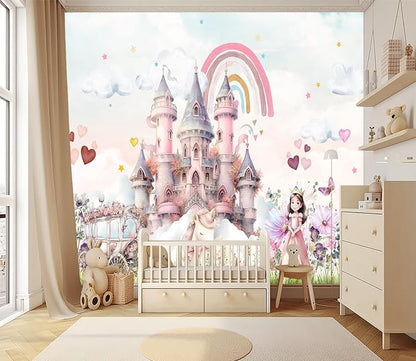 XMPMBM-Pink Cartoon Citadel Nursery Room Fabric Wallpaper Girls Bedroom Wall - Image 2