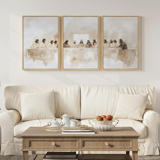 Framed Christian Wall Art Set of 3, The Last Supper Canvas Prints, Neutral - Image 2