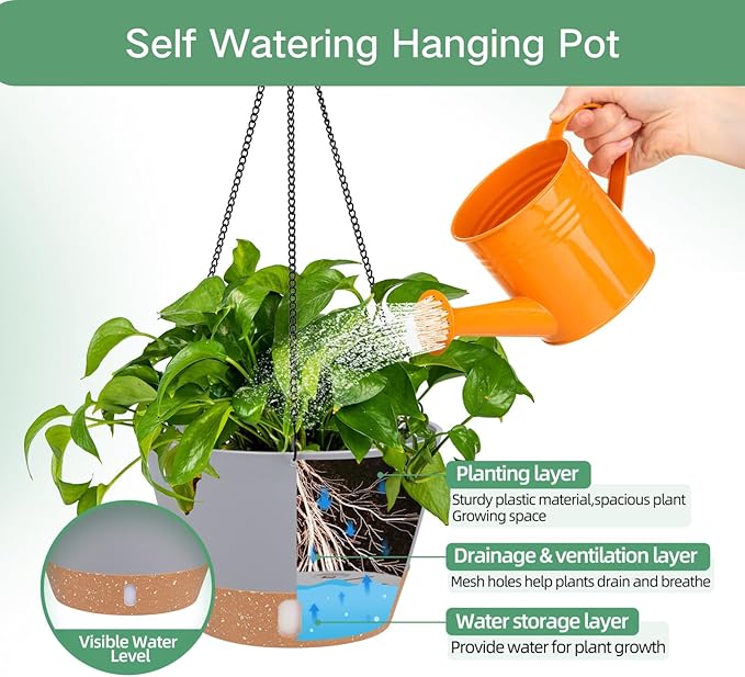 QCQHDU 2 Pack 8 inch Hanging Planters for Indoor Plants, Outdoor Hanging Baskets, Self Watering Pots with Drainage Holes & Removable Tray (Light Grey, 8 inch)