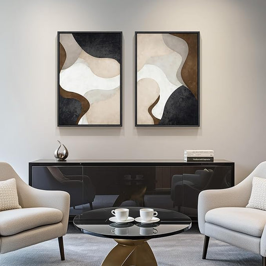 Framed Neutral Abstract Minimalist Wall Art, 2 Piece Large Modern Canvas Prints - Image 2