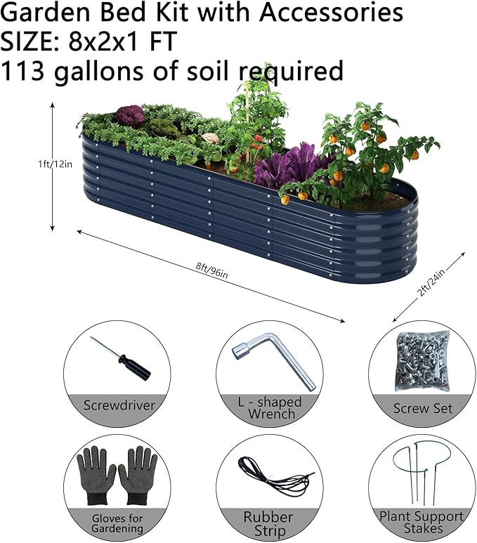 Galvanized Metal Planter Raised Garden Bed Kit for Gardening Outdoor，8x2x1ft Planter Grow Garden Box Raised Flower Bed，Long Vegetable Clearance Herb Raised Garden Beds for Gardening