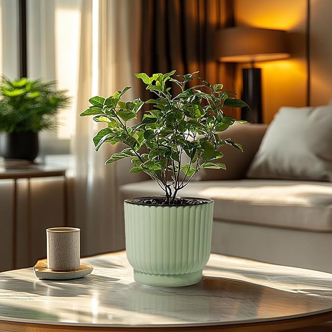 T4U 7 Inch Self Watering Pots for Indoor Plants, 4 Pack Green Plastic Flower Pots for All House Plants, Flowers, African Violets