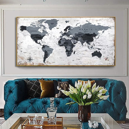 Framed wall art World Map Wall Art Canvas Picture 30inchx60inch Large Black and - Image 3