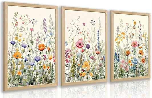 LLEEMPI Watercolor Floral Wall Art Set of 3, Colorful Wildflower Wall Decor by Unknown