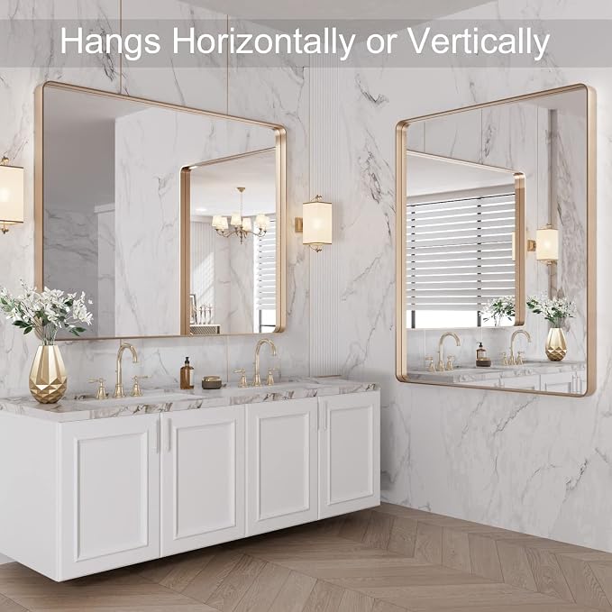 LOAAO 40"X32" Gold Bathroom Mirror, Rounded Rectangle Gold Frame Mirror - Image 8