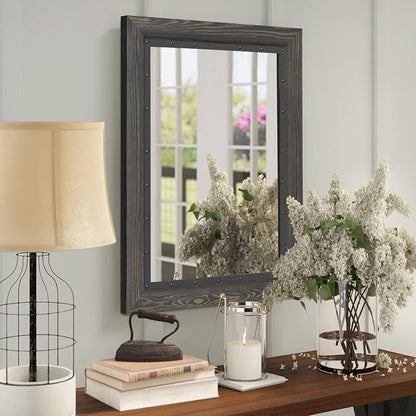 YOSHOOT Rustic Wooden Framed Wall Mirror, 32x24 Inch, Natural Wood and Iron - Image 6