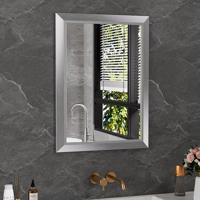 Amorho 20x30 Inch Bathroom Mirror Silver, Thick Metal Framed Wall Mirrors by Amorho