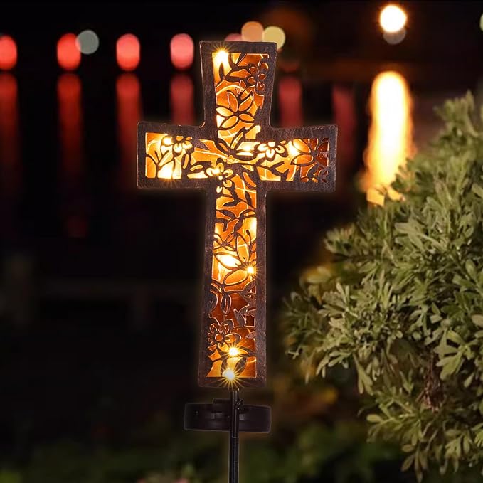 HUYIENO Solar Cross Garden Stake Lights 38inch Metal Outdoor Waterproof Memorial Garden Decor 2 Lighting Modes Cemetery Decorations for Grave for Remembrance Gifts & Sympathy Gifts