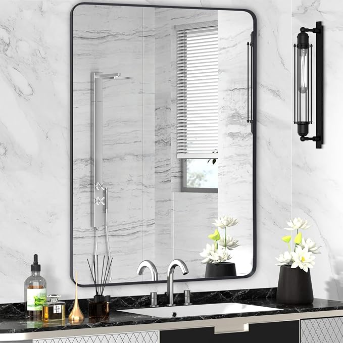 Wall Mount Mirror for Bathroom, Brushed Black Metal Framed Large Rounded Corner by Minuover