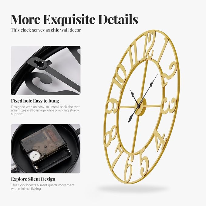Cuspin Large Wall Clock for Living Room Decor, 30 Inch Gold Wall Clock - Image 5