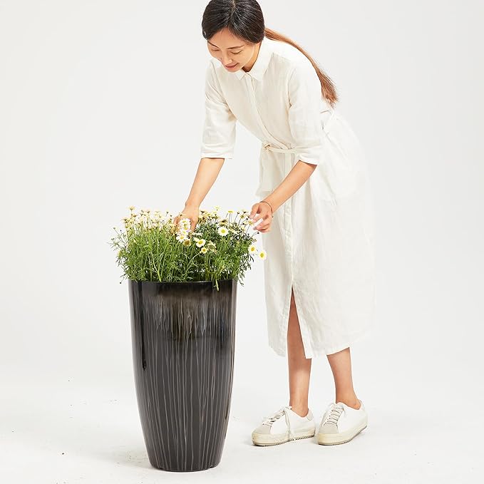 Worth Garden 23.5" H. Large Plastic Planters - Set of 2 Gradient Black Glossy Smooth Finish - Tall Plant Pots for Indoor & Outdoor Use - Decorative Lightweight Flower Pots for Front Porch, Patio, Deck