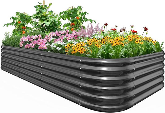 Quictent Galvanized Raised Garden Bed Kit, 8x4x1.5 ft Oval Metal Planter Box Tall for Vegetables Outdoor Backyard, Rubber Strip Edging Included (Dark Gray)