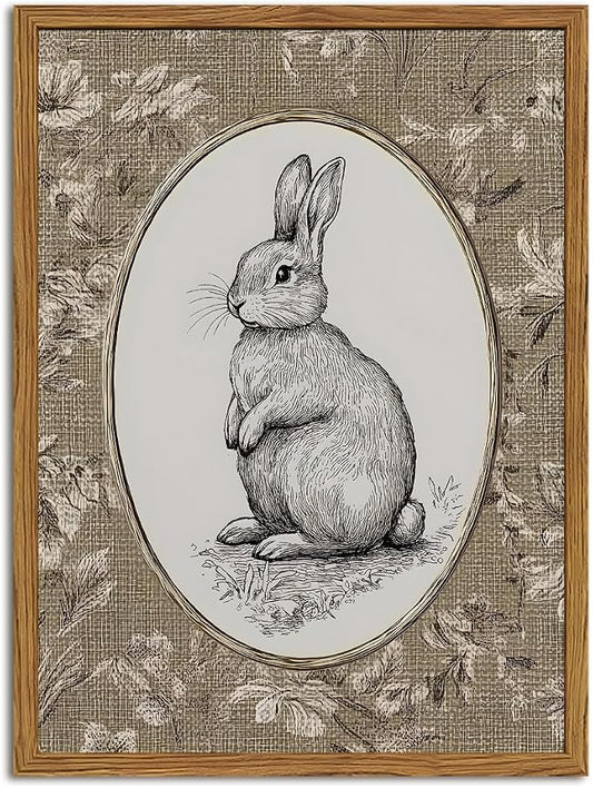 Framed Vintage Rabbit Wall Art, Cute Easter Bunny Pictures Wall Decor, Rustic by Unknown