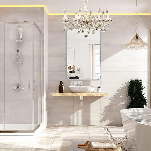 Brushed Nickel Bathroom Wall Mirror, Tempered Glass, Shatter Proof, Hangs - Image 2