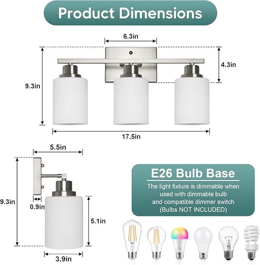 Ascher Bathroom Light Fixtures, 3-Light Vanity Light Over Mirror, Brushed - Image 2