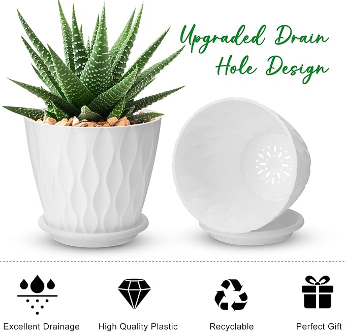 6 inch Plant Pots, 5 Pack Flower Pots Outdoor Indoor, Planters with Drainage Hole and Tray Saucer.