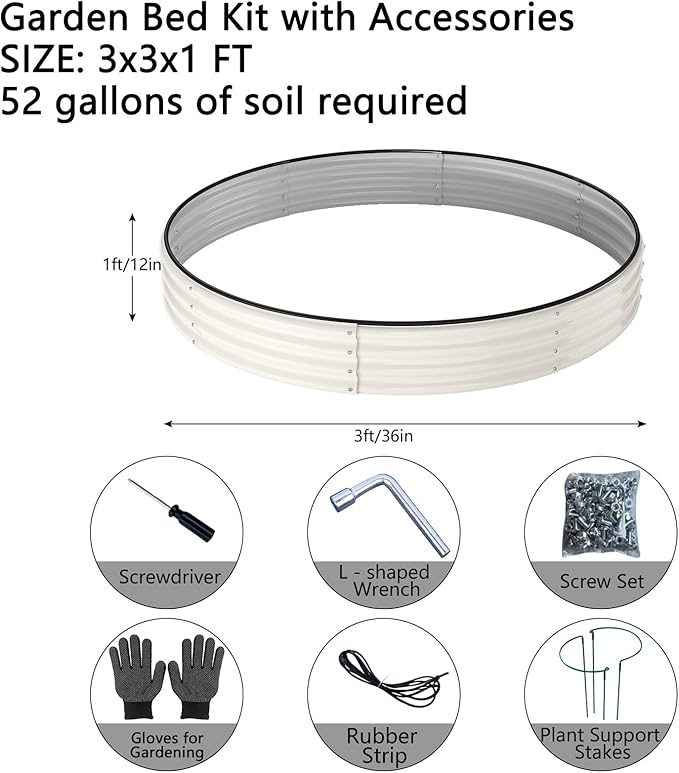 Galvanized Metal Planter Round Raised Garden Bed Kit for Gardening Outdoor，3x3x1ft Grow Garden Box Raised Flower Bed，Round Galvanized Planter Outdoor Large Metal Fire Pit Ring White
