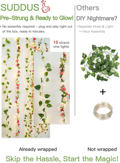 suddus 300 LED Artificial Flower Garland Pothos Vines Curtain Lights, Rose - Image 6