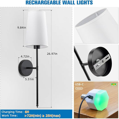 NIORSUN Black Battery Operated Wall Sconce Set of 2, Rechargeable Wall Lights - Image 7
