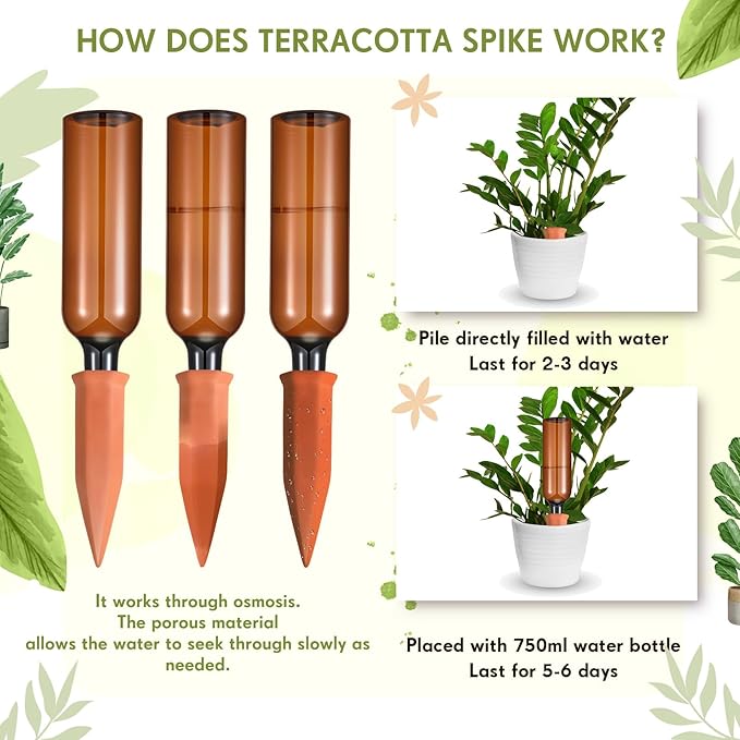 Baderke 12 Set Plant Watering Devices, Terracotta Watering Spikes with 25 oz Plastic Wine Bottles, Slow Release Vacation Insert Automatic Plant Waterer Device for Indoor Outdoor