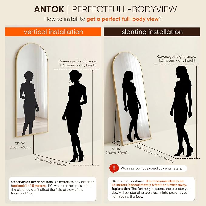 Antok Full Length Mirror, Arched Floor Standing Freestanding Arch Full Body - Image 8