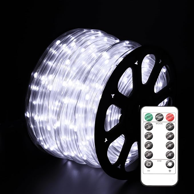 LED Rope Lights for Outside 150Ft Waterproof Rope Lighting 643 LEDs 110V 8 Modes Remote Control Timer Christmas Rope Lights for Indoor Outdoor Party Holiday Garden Decoration (White)