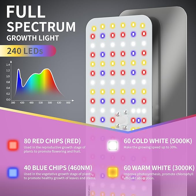 Grow Lights with Base, Double Head, Full Spectrum LED Grow Light for Indoor Plants, 240 Leds, 4 Dimmable Levels, Timer 4/8/12h, 12-60inches Height Adjustable, 36w, Ideal for Desk Small Plants