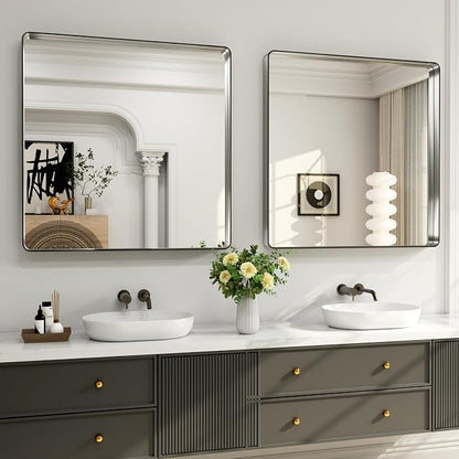LOAAO 36X36 Inch Brushed Nickel Bathroom Mirror, Rounded Rectangle Silver Metal - Image 4