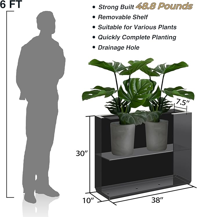 Metallic Heavy Planter for Outdoor Plants, 38Lx10Wx30H Inches Tall and Long Metal Divider Planter Box for Outside & Indoor, No Assembly Required (Gray)