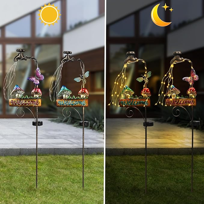 2 Pack 'Welcome' Mushroom & Butterfly Solar Yard Lights - Outdoor Solar Lights for Yard Decorative, Garden Decor Lawn Ornaments, Unique Decorative Garden Stakes for Pathways