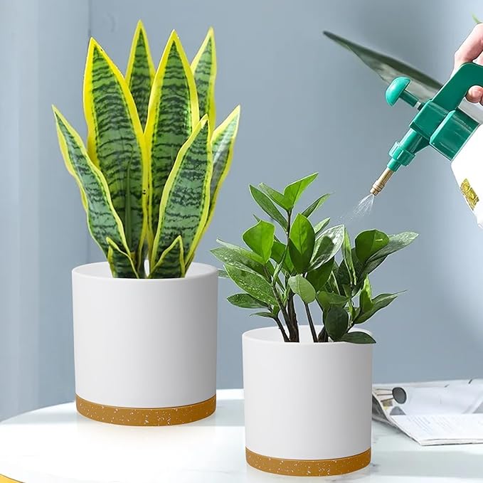 10/8/6 inch Deep Plant Pots, 3 Pack Cylindrical Large Flower Pots for Outdoor Indoor Plants, Tall Plastic Planters with Drainage Holes and Saucers for Garden House Plants, White with Brown