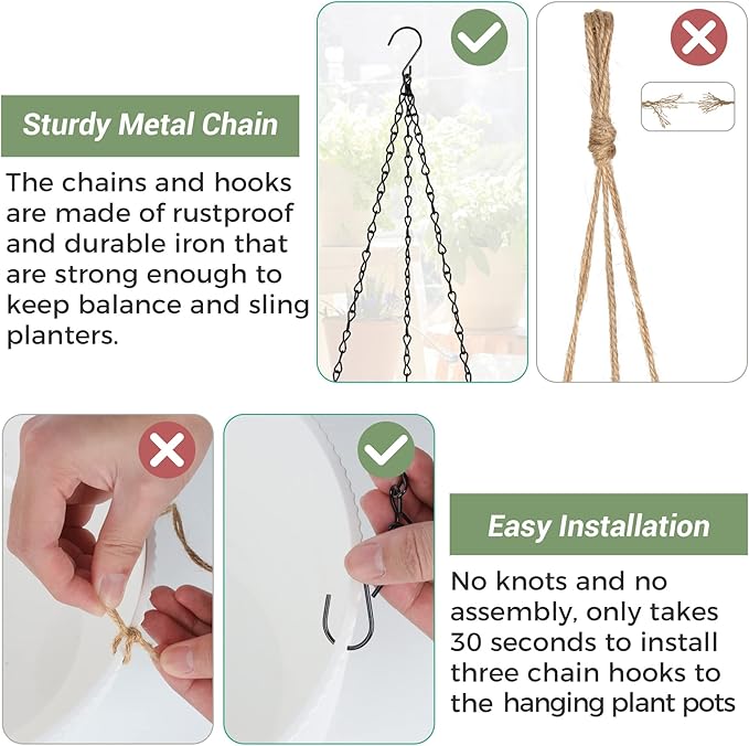 T4U Hanging Planter Self Watering 8 Inch, 2 Pack White Indoor Outdoor Hanging Plant pots, Hanging Flower Pot with Drainage Hole & Plug & Chain with 3 Hooks for Garden Home Decor