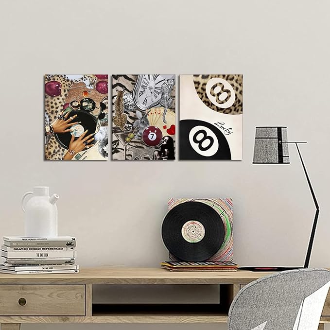 Fashion Cheetah Wall Art Set of 3 Leopard Wall Decor Pictures Lucky 8 Ball - Image 2