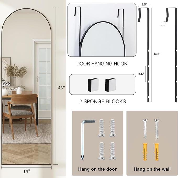 Arched Full Length Door Mirror 14x48, Metal Frame - Image 6
