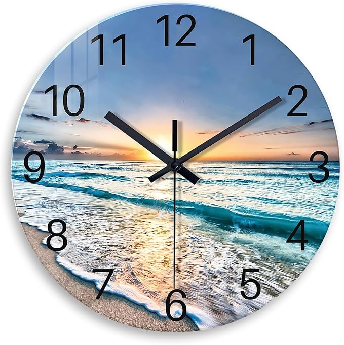 Blue Coastal Wall Clocks Battery Operated 16 Inch Glass Wall Clock Silent Beach by Constantplanet%E6%97%97%E8%88%B0%E5%BA%97
