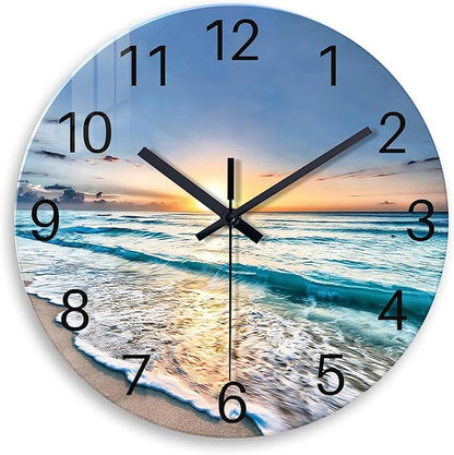 Blue Coastal Wall Clocks Battery Operated 16 Inch Glass Wall Clock Silent Beach by Constantplanet%E6%97%97%E8%88%B0%E5%BA%97