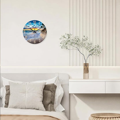 Palm Tree Clocks Battery Operated 12 Inch Glass Blue Wall Clock Non Ticking - Image 2
