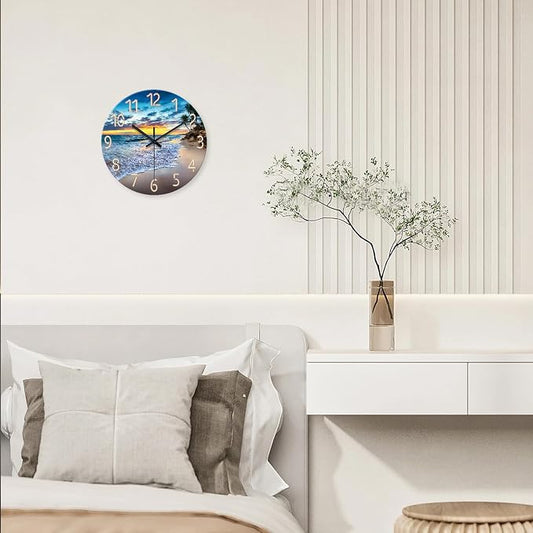Palm Tree Clocks Battery Operated 12 Inch Glass Blue Wall Clock Non Ticking - Image 2