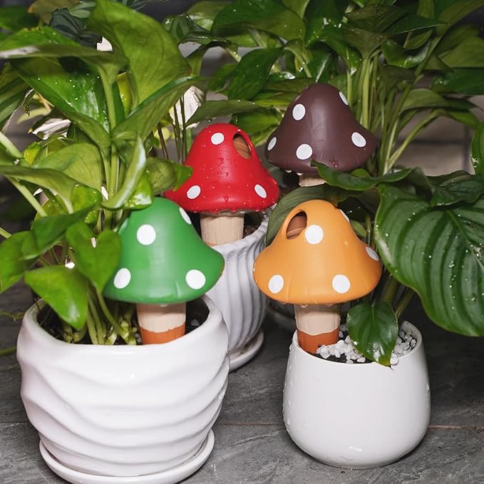 Terracotta Self Watering Spikes, 4 Pack Mushroom Self Watering Planter Insert, Vacation Plant Slow Release Watering Devices for Indoor Outdoor Plants, Colorful Large Water Globes