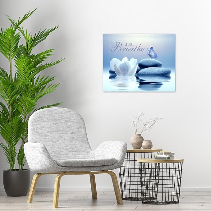 EOBTAIN Zen Canvas Wall Art Bathroom Blue Butterfly and Floral Stone Relaxing - Image 4