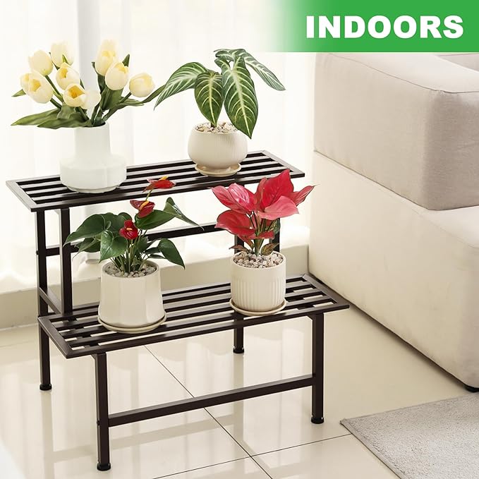 Metal Plant Stand Outdoor Plant Shelf Indoor,2 Tier Heavy Duty Ladder Plant Stands for Multiple Plants,26" L x 20.25" H x 17.75" W,Coffee