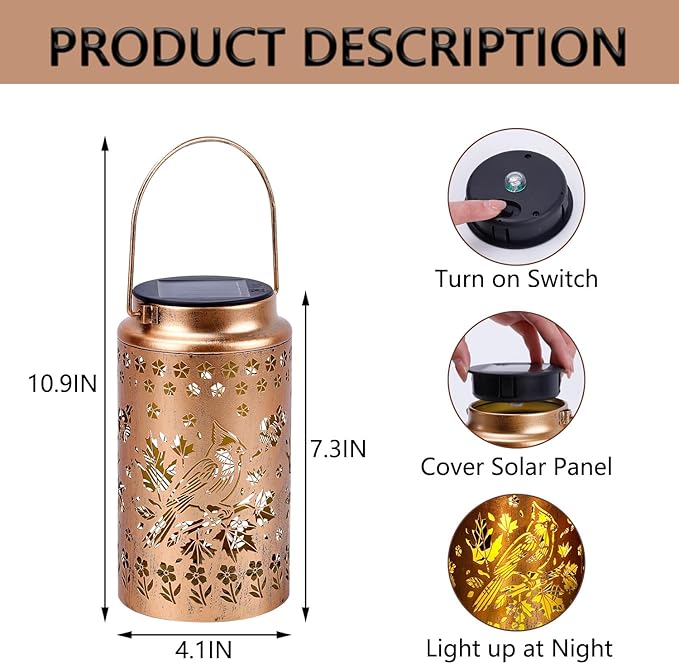 4 Pack Cardinal Solar Lanterns Outdoor Waterproof, Metal Hanging Lights Decorations for Garden Yard Lawn Patio, Cardinal Gifts for Women Mom Grandma Gardener for Mother'Day Christmas