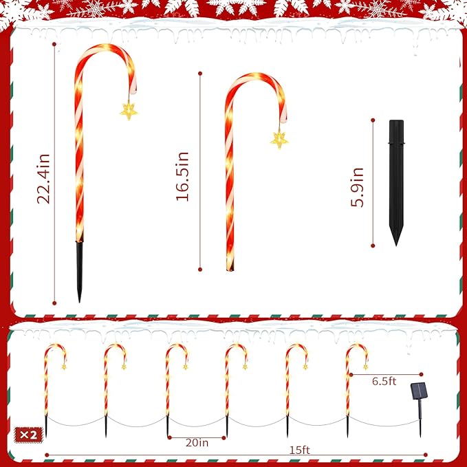 22" Candy Cane Lights Outdoor Pathway 2PK 12 PCS Candy Cane Christmas Decorations 8 Modes Solar Candy Cane Lights with Star Total 15FT Christmas Pathway Lights Outdoor for Xmas Yard Garden Walkway