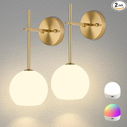 Gold Battery Operated Wall Sconces Set of 2, Rechargeable Wireless Wall Lights by KeepShinning