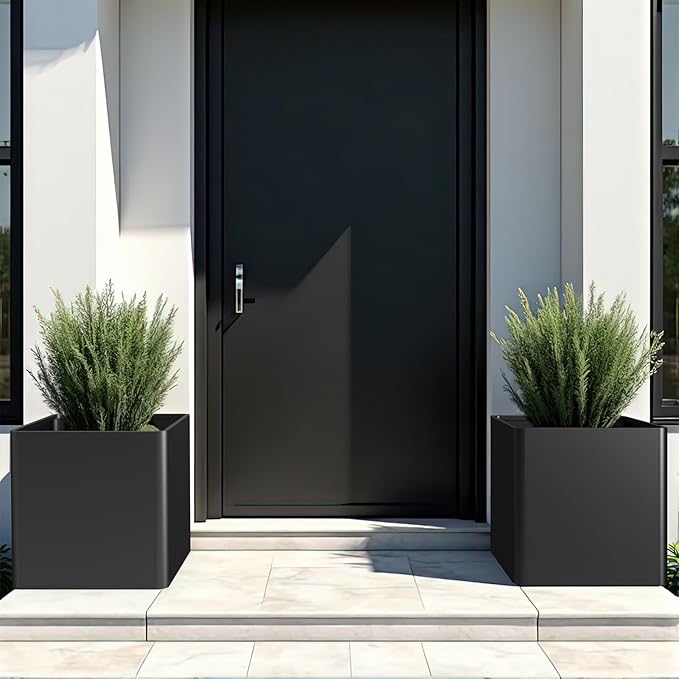 Large Metal Square Planter 26" L x 26" W x 26" H, Heavy Duty Black Large Outdoor Planters with Drainage Hole for Porch/Patio/Garden